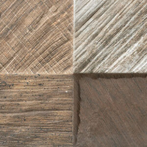 Mosaico de azulejos cerámicos efecto madera y decapado en tonos marrón y blanco