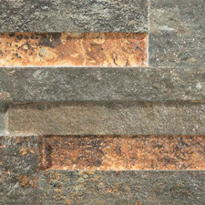 Revestimiento cerámico en listones texturados gris y óxido