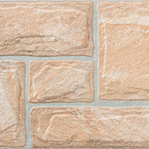 Panel de azulejos cerámicos rectangulares beige con textura de piedra y juntas grises