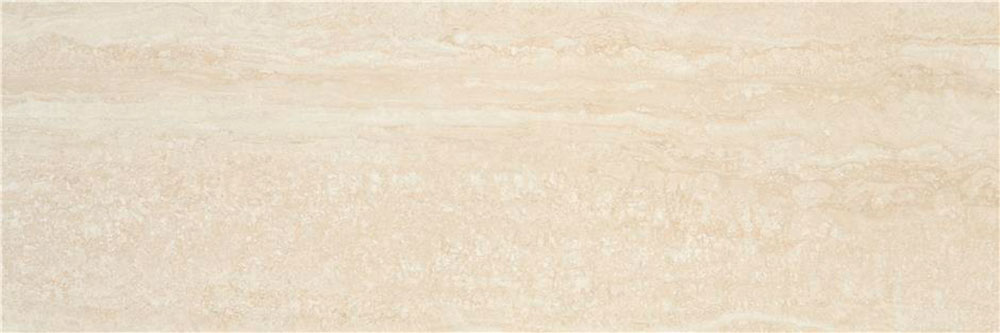 Baldosa cerámica rectangular beige con efecto travertino y vetas horizontales