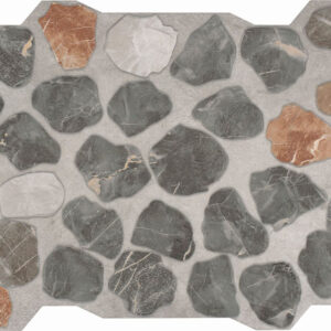 Umbra-Mix--40x60 Azulejo tipo guijarro gris con piezas irregulares y acentos marrones sobre lechada clara