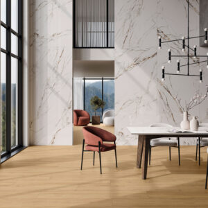 V-SLAB-INDAH-120X280-WHITE_ORIGEN-OAK-30X150 Showroom de azulejos con revestimiento efecto mármol, pavimento madera y mobiliario moderno