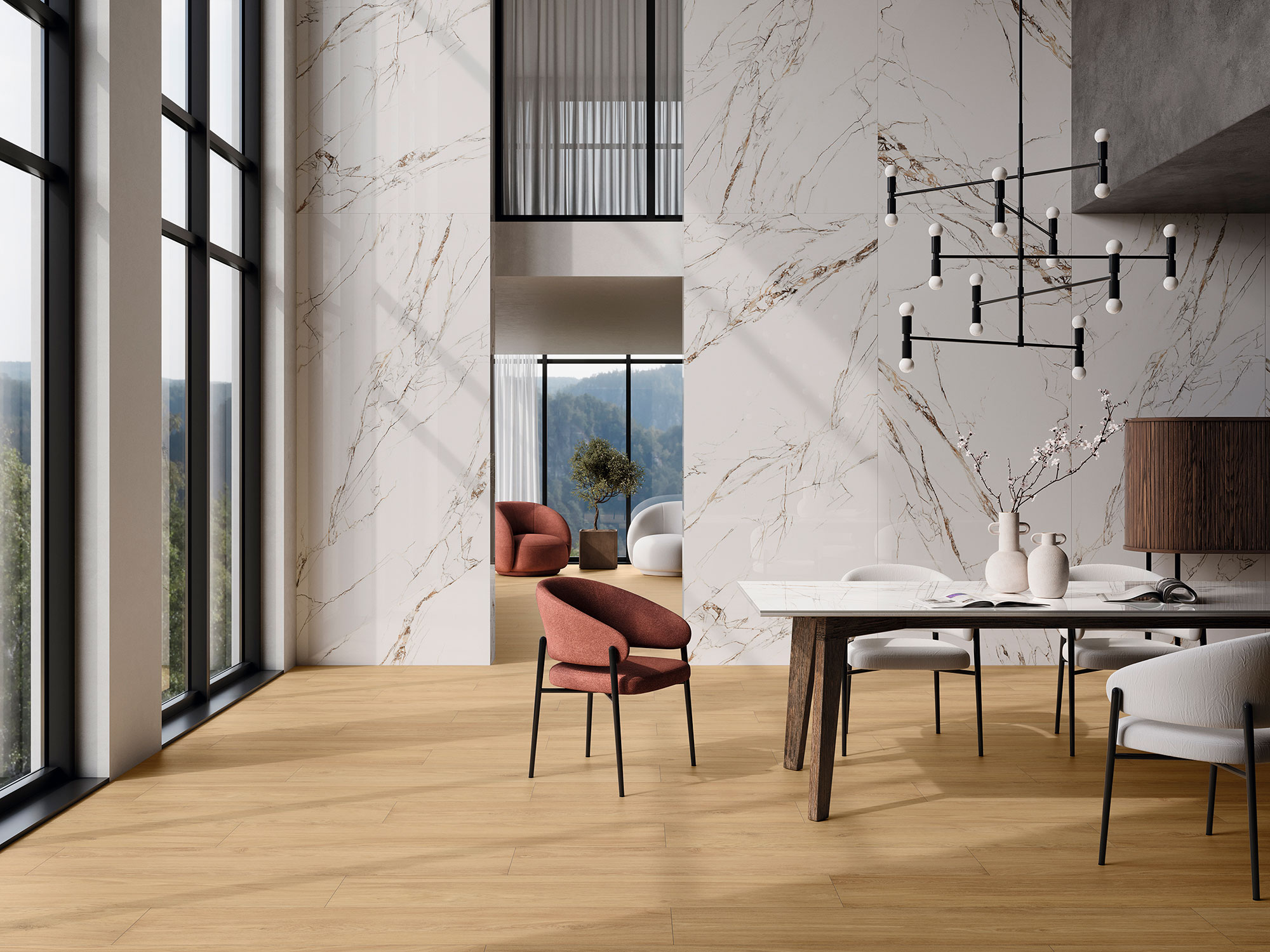 V-SLAB-INDAH-120X280-WHITE_ORIGEN-OAK-30X150 Showroom de azulejos con revestimiento efecto mármol, pavimento madera y mobiliario moderno