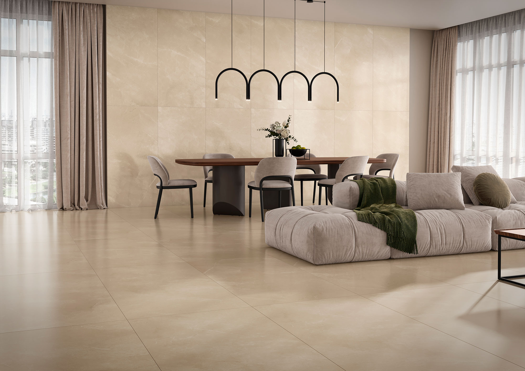 Showroom con pavimento y revestimiento cerámico beige en salón-comedor moderno