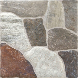 Baldosa cerámica efecto piedra con piezas irregulares en tonos gris, marrón y beige