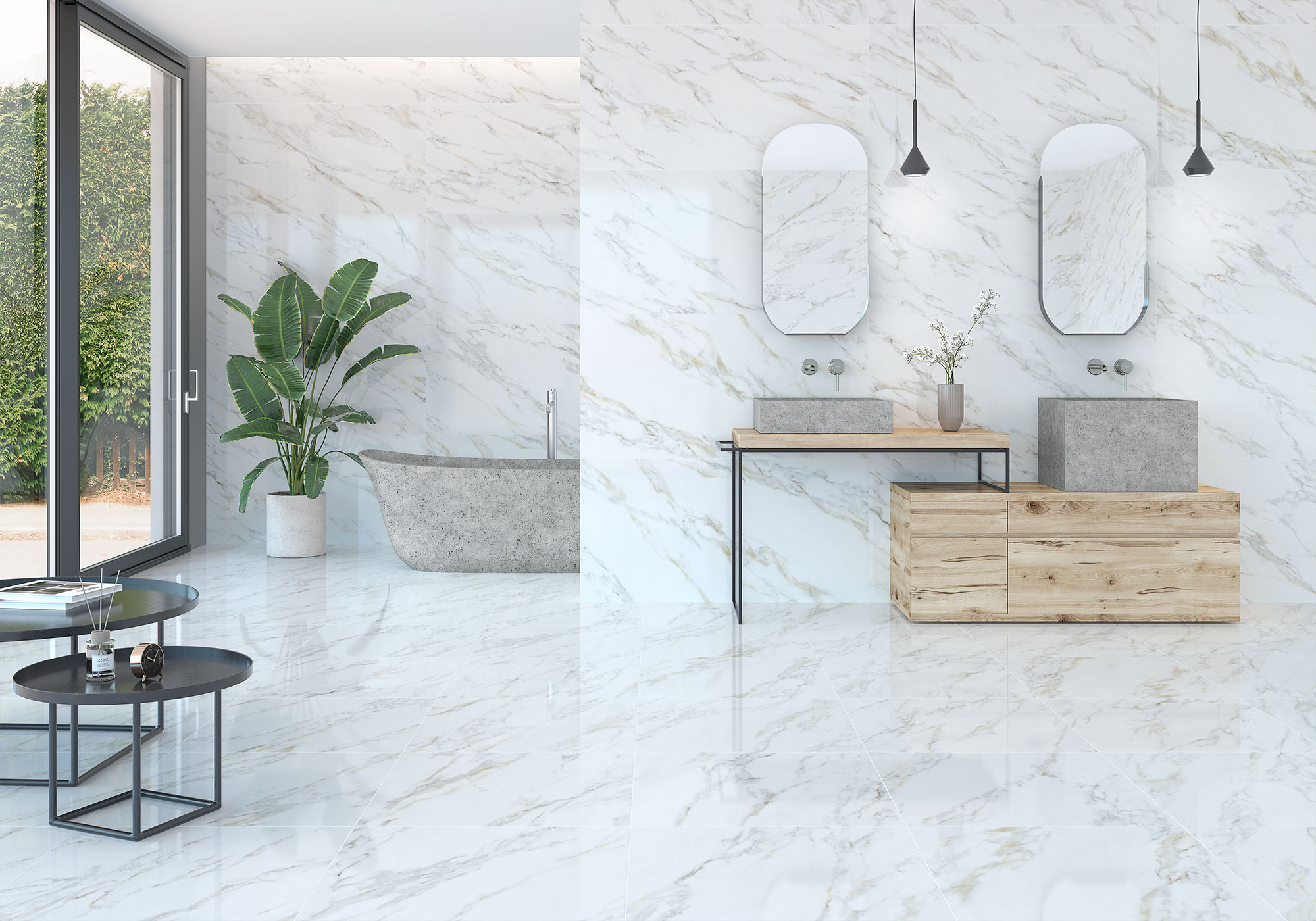 AMB-1-CALACATTA-GOLD Exposición: suelo y paredes cerámicos efecto mármol, bañera, doble lavabo y mobiliario