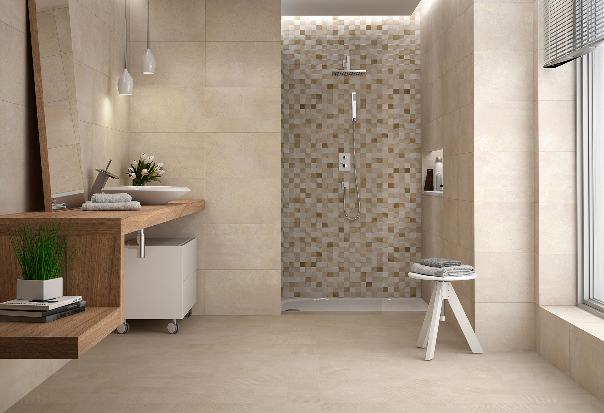 Interior de baño con azulejos y pavimento cerámico beige y ducha con mosaico