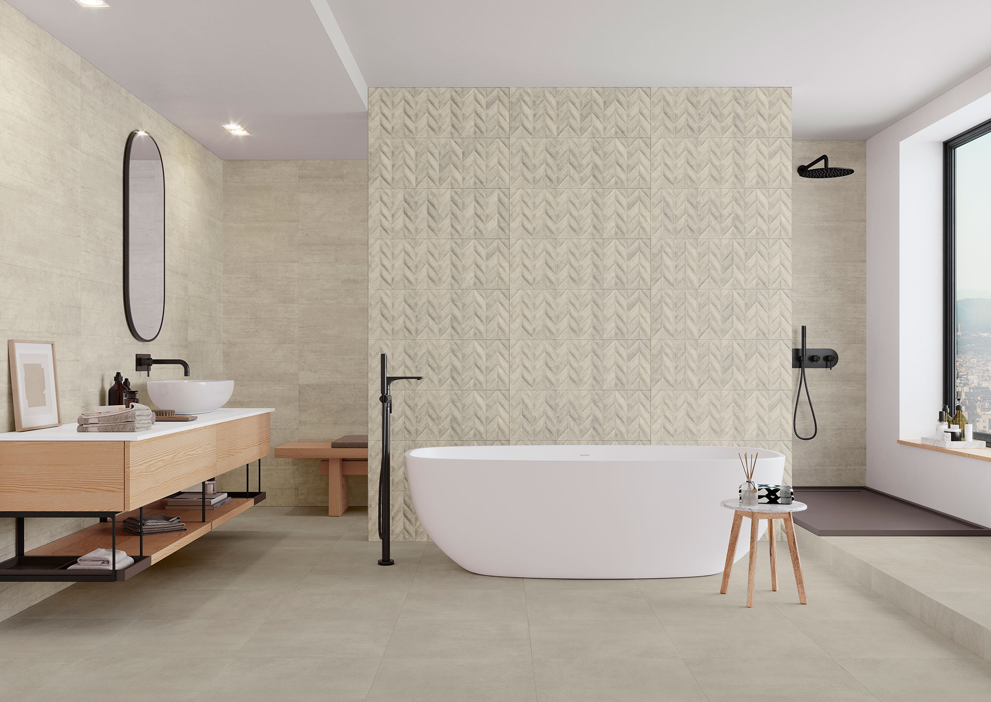 Baño expositor con bañera independiente, pared de azulejos geométricos y mueble flotante de madera.