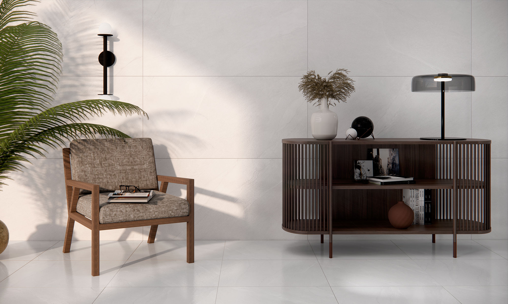 Salón minimalista con azulejos blancos grandes, butaca de madera, mueble y planta.