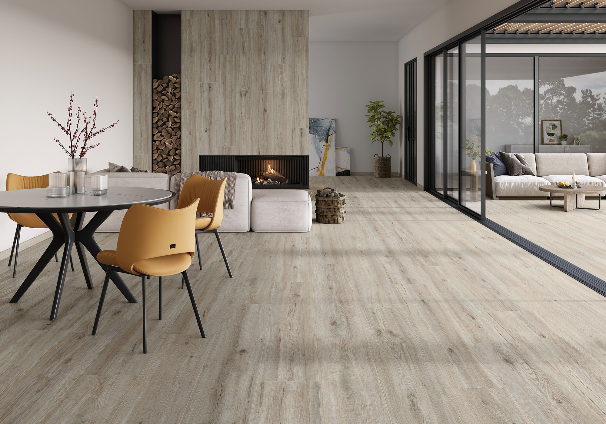 Sala moderna con pavimento cerámico efecto madera claro, chimenea y puertas correderas