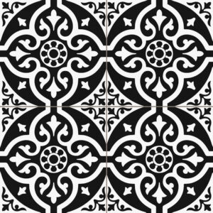 Azulejo cerámico blanco y negro con patrón geométrico de motivos florales repetidos