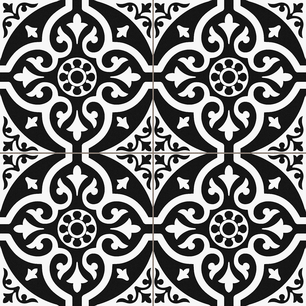 Azulejo cerámico blanco y negro con patrón geométrico de motivos florales repetidos