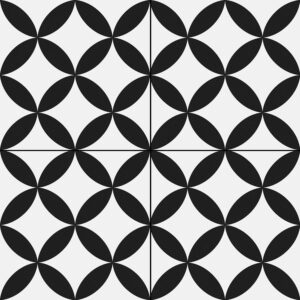 Azulejo blanco y negro con motivos circulares formados por hojas ovaladas entrelazadas