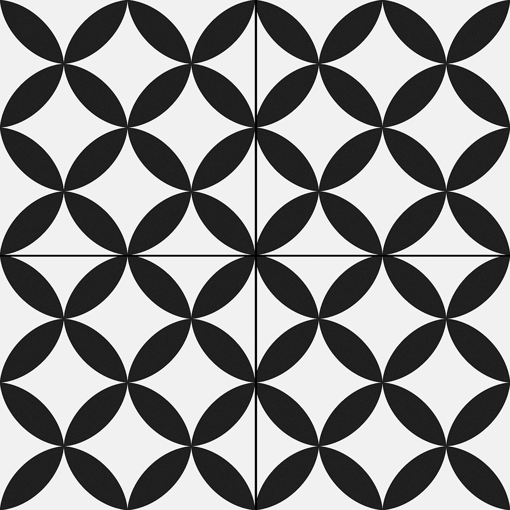 Azulejo blanco y negro con motivos circulares formados por hojas ovaladas entrelazadas