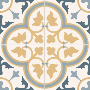 Dover_GL_Beige_45x45_1121_001 Azulejo cerámico ornamentado en azul y beige con motivos florales geométricos