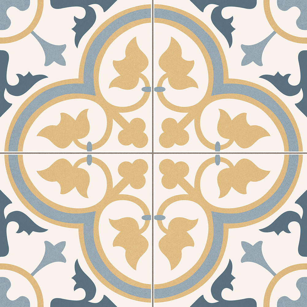 Dover_GL_Beige_45x45_1121_001 Azulejo cerámico ornamentado en azul y beige con motivos florales geométricos
