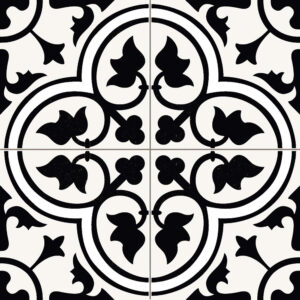 Dover_GL_Black_45x45_1121_001 Azulejo cerámico blanco con motivo floral negro simétrico en cuatro piezas