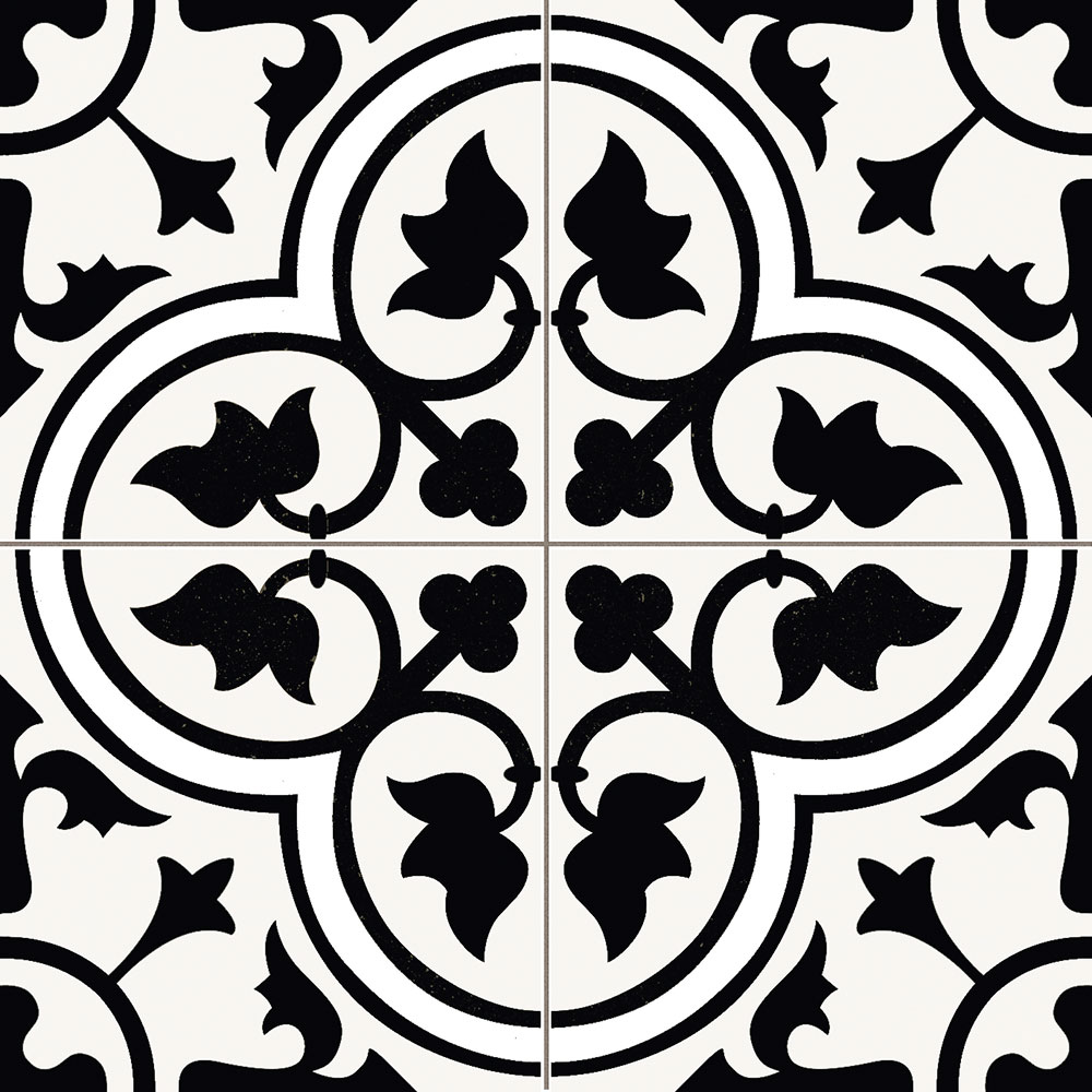 Dover_GL_Black_45x45_1121_001 Azulejo cerámico blanco con motivo floral negro simétrico en cuatro piezas