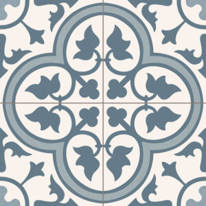 Dover_GL_Blue_45x45_1121_001 Baldosa cerámica blanca-azul con motivos florales y círculos simétricos