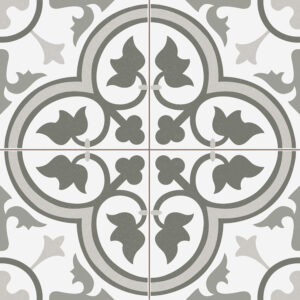 Dover_GL_Grey_45x45_1121_001 Baldosa cerámica blanca y gris con motivos vegetales simétricos