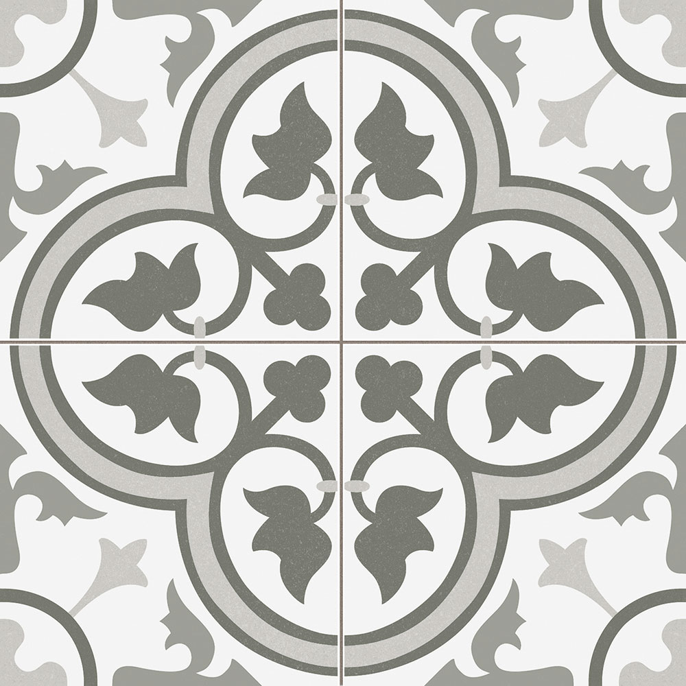 Dover_GL_Grey_45x45_1121_001 Baldosa cerámica blanca y gris con motivos vegetales simétricos