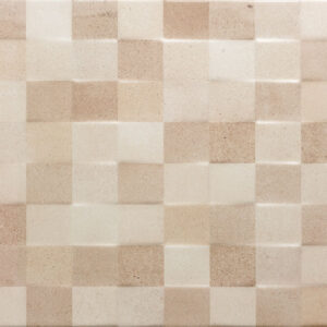 Revestimiento cerámico de cuadrados beige con relieve sutil y acabado mate