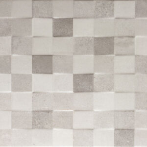 Revestimiento cerámico en cuadrados neutros texturados con relieve sutil