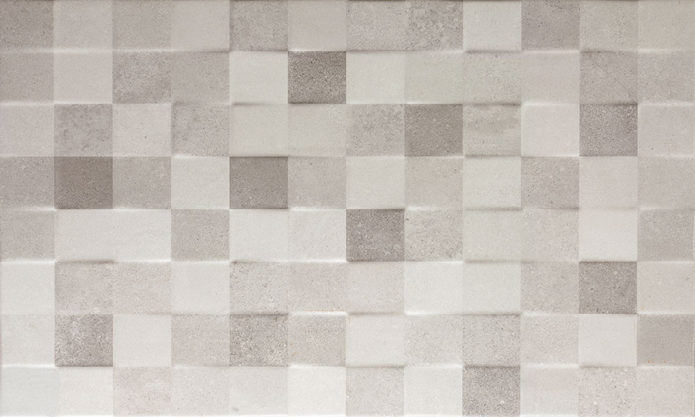 Revestimiento cerámico en cuadrados neutros texturados con relieve sutil