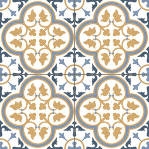 Azulejo cerámico con motivos florales en trébol, tonos azul y ocre sobre fondo blanco
