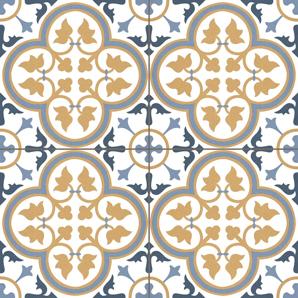 Azulejo cerámico con motivos florales en trébol, tonos azul y ocre sobre fondo blanco