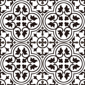 Azulejos cerámicos blancos con dibujo geométrico negro en forma de trébol y hojas