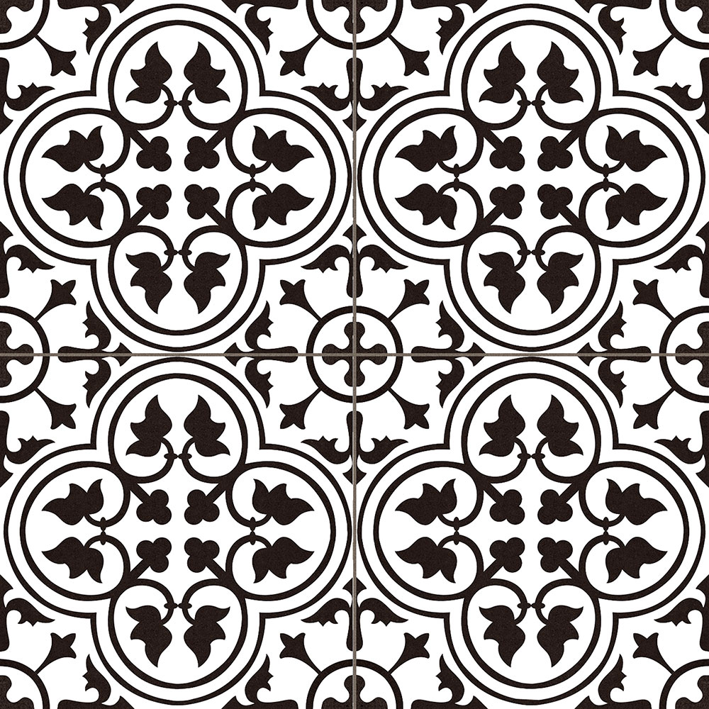 Azulejos cerámicos blancos con dibujo geométrico negro en forma de trébol y hojas