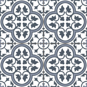 Azulejos cerámicos con patrón floral tipo trébol en gris azulado sobre fondo blanco