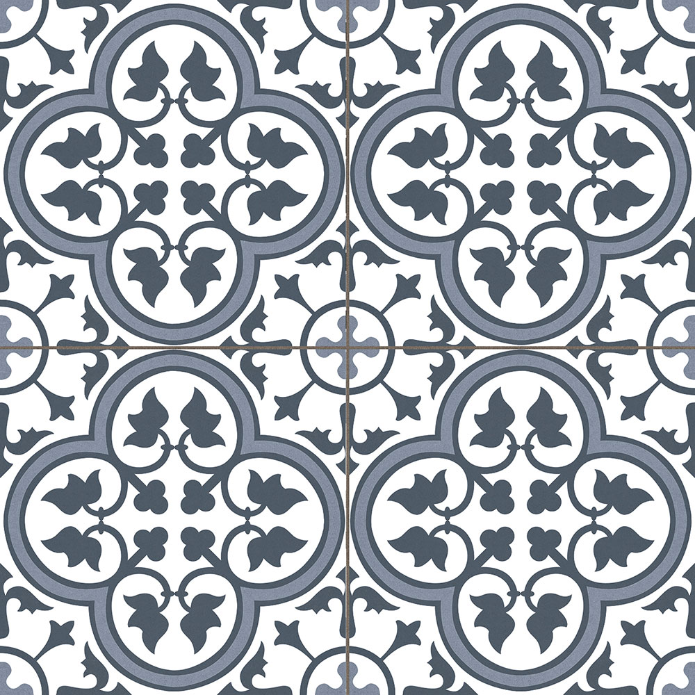 Azulejos cerámicos con patrón floral tipo trébol en gris azulado sobre fondo blanco