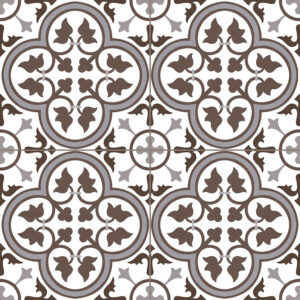 Baldosa cerámica blanca con motivo floral geométrico tipo trébol en marrón y gris