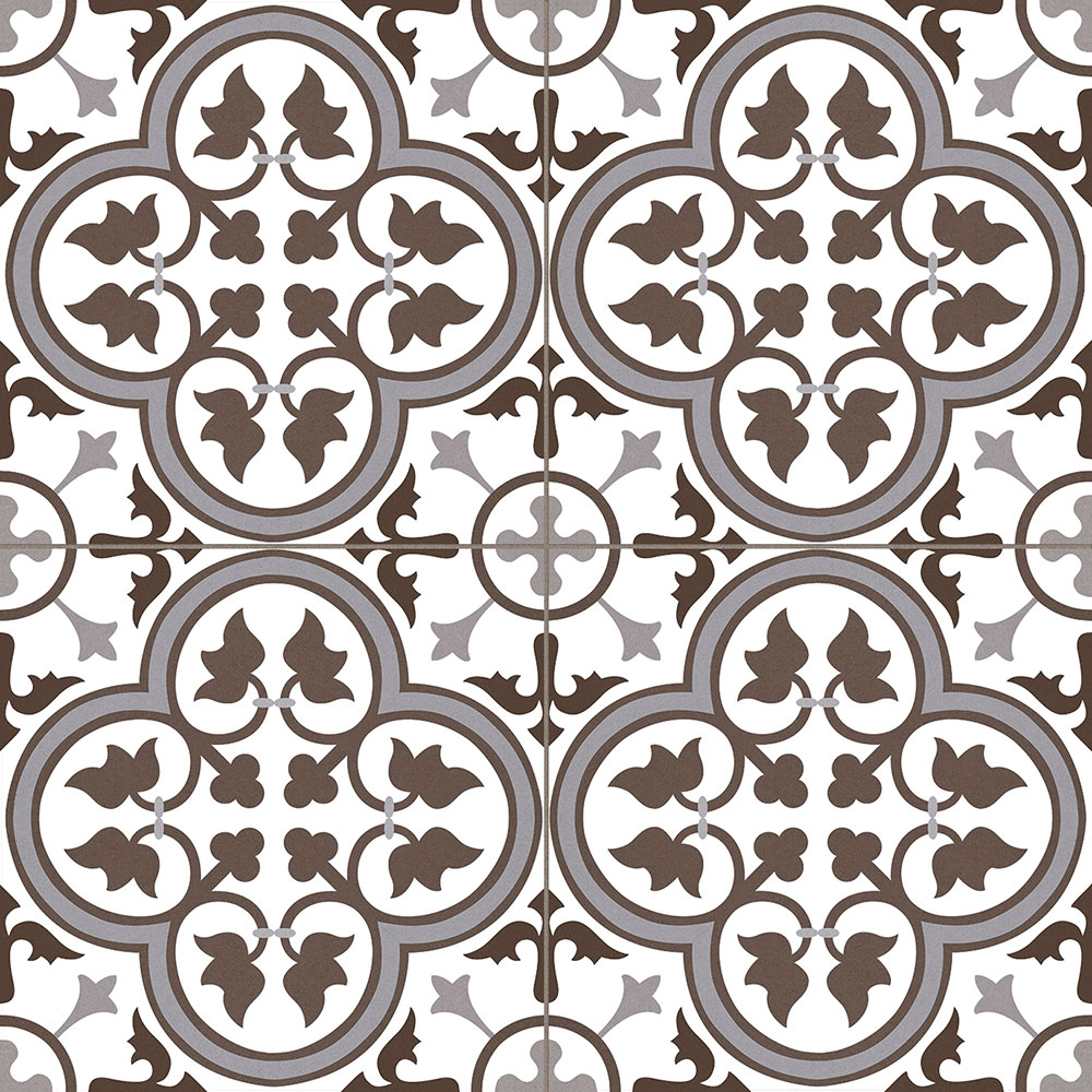 Baldosa cerámica blanca con motivo floral geométrico tipo trébol en marrón y gris