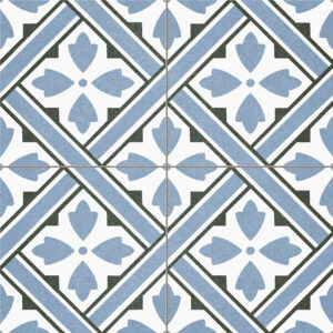 Azulejo blanco con motivo floral azul en rombos y franjas diagonales gris oscuro