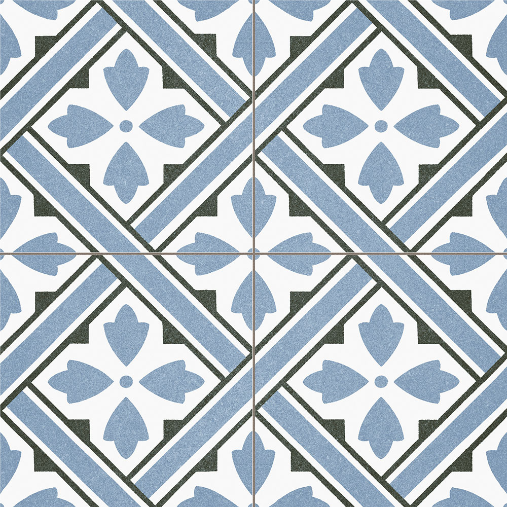 Azulejo blanco con motivo floral azul en rombos y franjas diagonales gris oscuro