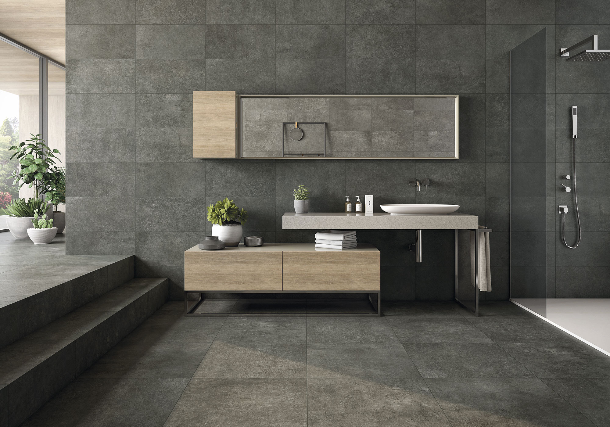 Baño moderno con pavimento y revestimiento cerámico gris, mueble flotante y ducha