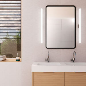 JPG-Nunky_PB_Amb_Blanco_30x90_01_0422 Doble lavabo sobre mueble de madera, espejo rectangular y revestimiento cerámico claro