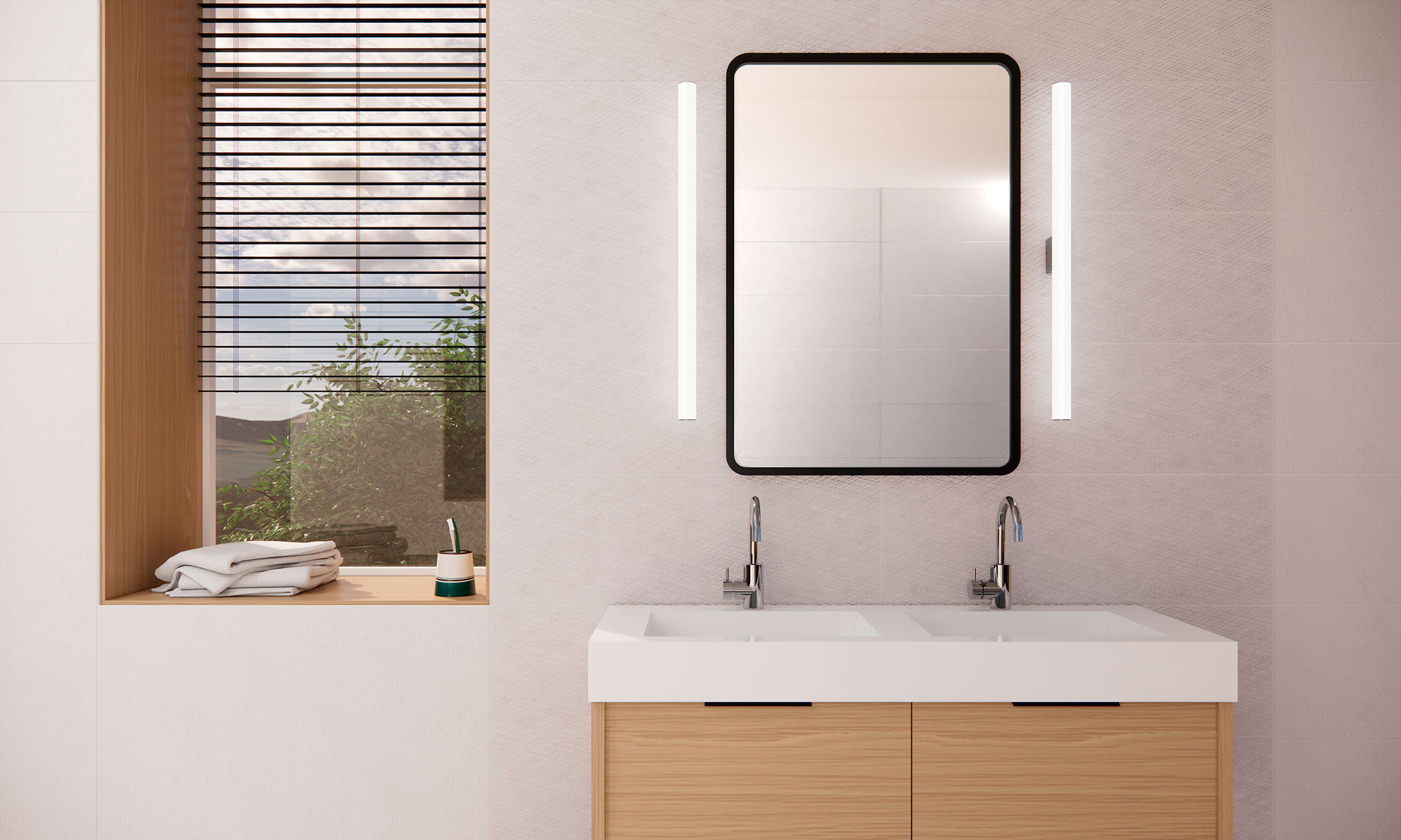 JPG-Nunky_PB_Amb_Blanco_30x90_01_0422 Doble lavabo sobre mueble de madera, espejo rectangular y revestimiento cerámico claro