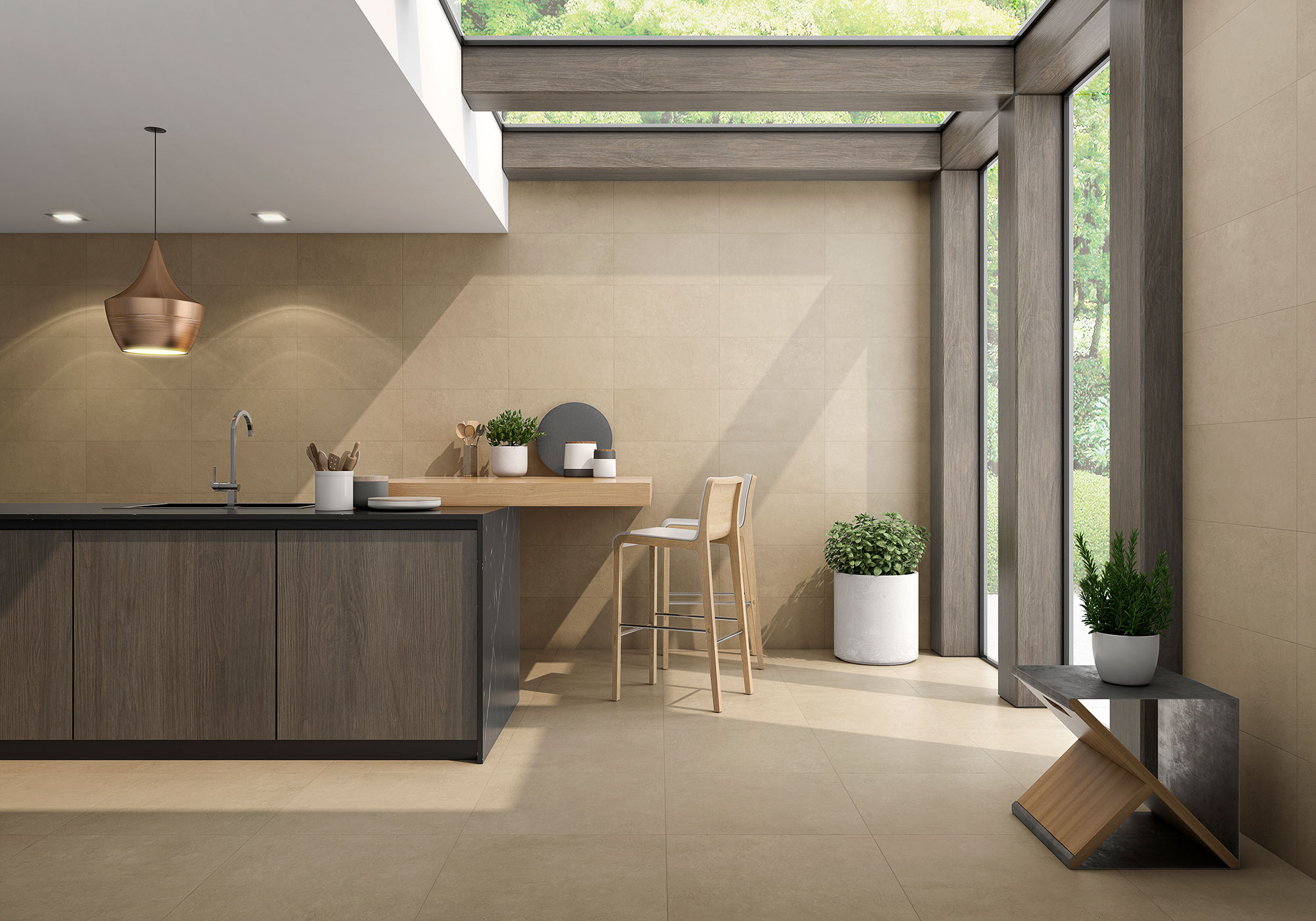 Cocina moderna con azulejos cerámicos beige en suelos y paredes, isla y ventanales