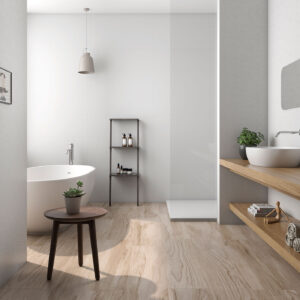 JPG-PRI_RLV-ATIK-30X90_amb-03 Baño moderno con bañera exenta, pavimento cerámico efecto madera y lavabo sobreencimera