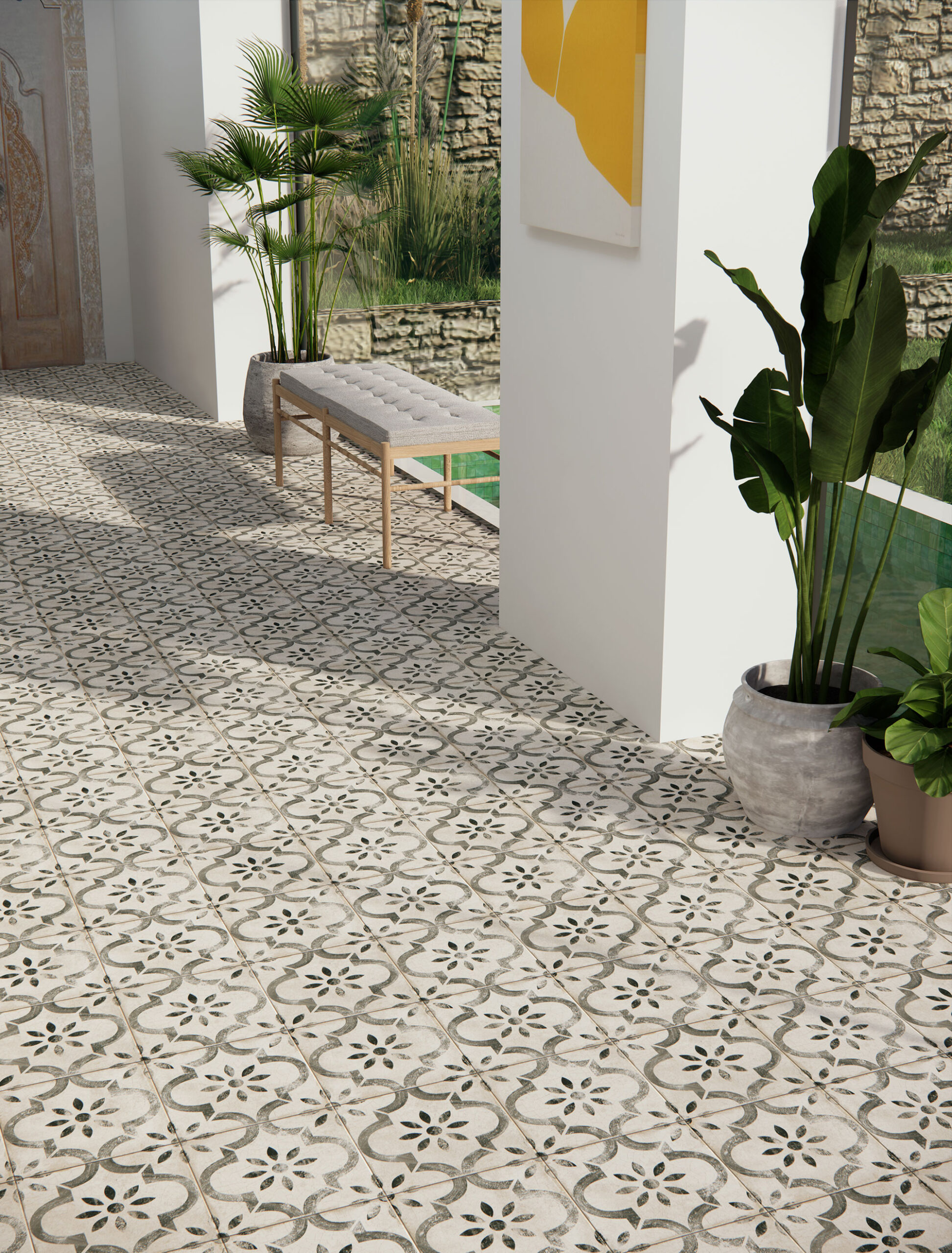 Porche con pavimento cerámico de motivos florales, banco y macetas decorativas