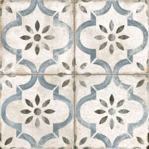 Azulejo cerámico estilo vintage con motivos florales y formas geométricas azul grisáceas