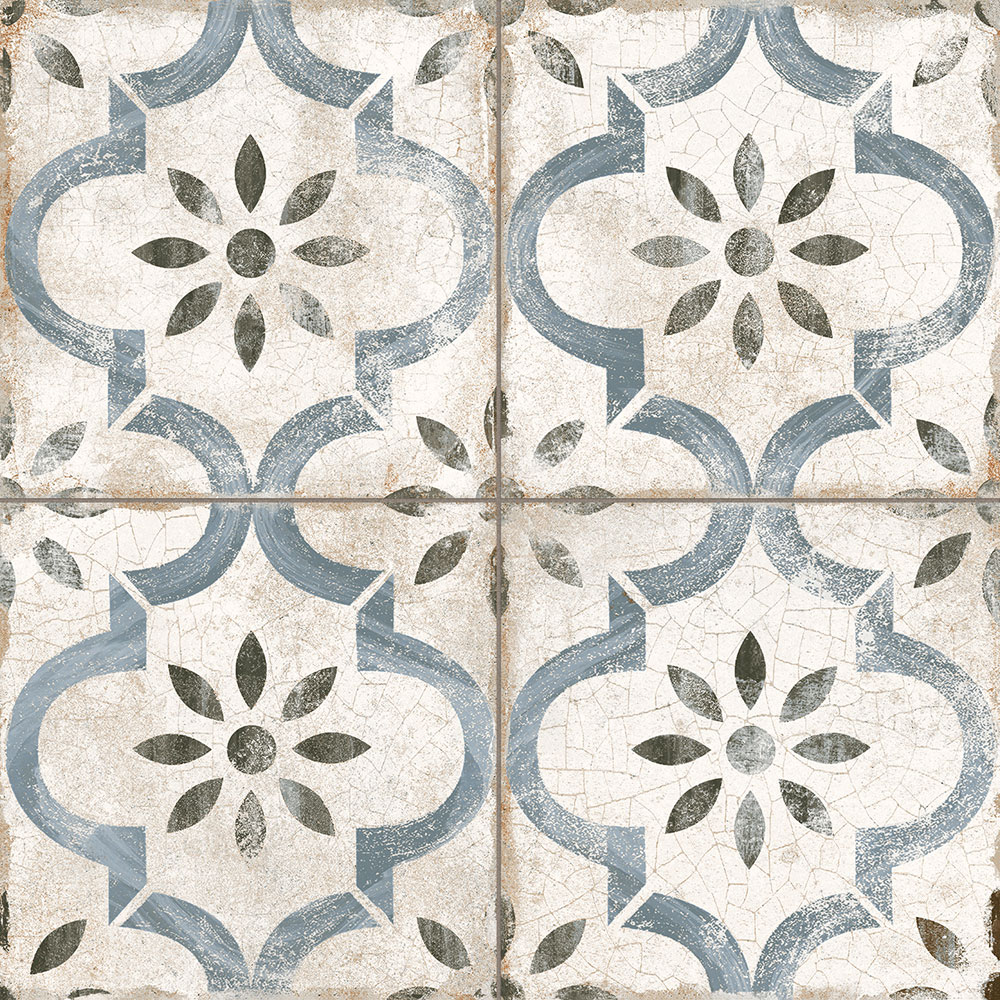 Azulejo cerámico estilo vintage con motivos florales y formas geométricas azul grisáceas