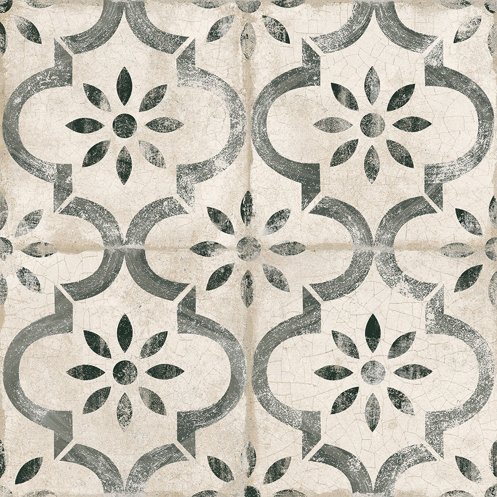 Azulejo cerámico envejecido con motivo geométrico y flor estilizada en tonos beige y gris