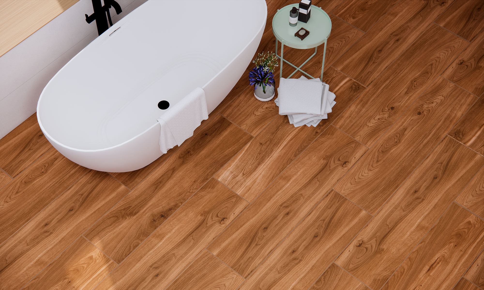 Miro_WO_Amb_Nature_30x120_01_0422 Bañera exenta sobre pavimento cerámico efecto madera con toallas y mesita