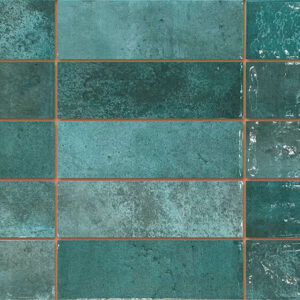 Panel de azulejos rectangulares cerámicos verde turquesa con textura y juntas marrón