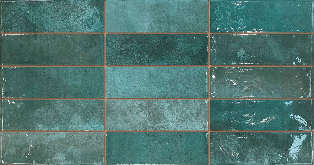 Panel de azulejos rectangulares cerámicos verde turquesa con textura y juntas marrón